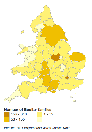 Distribution of Boulter families in England, 1891