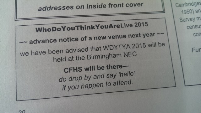 The Cambridgeshire Family History Society informing readers of the WDYTYALive venue change.