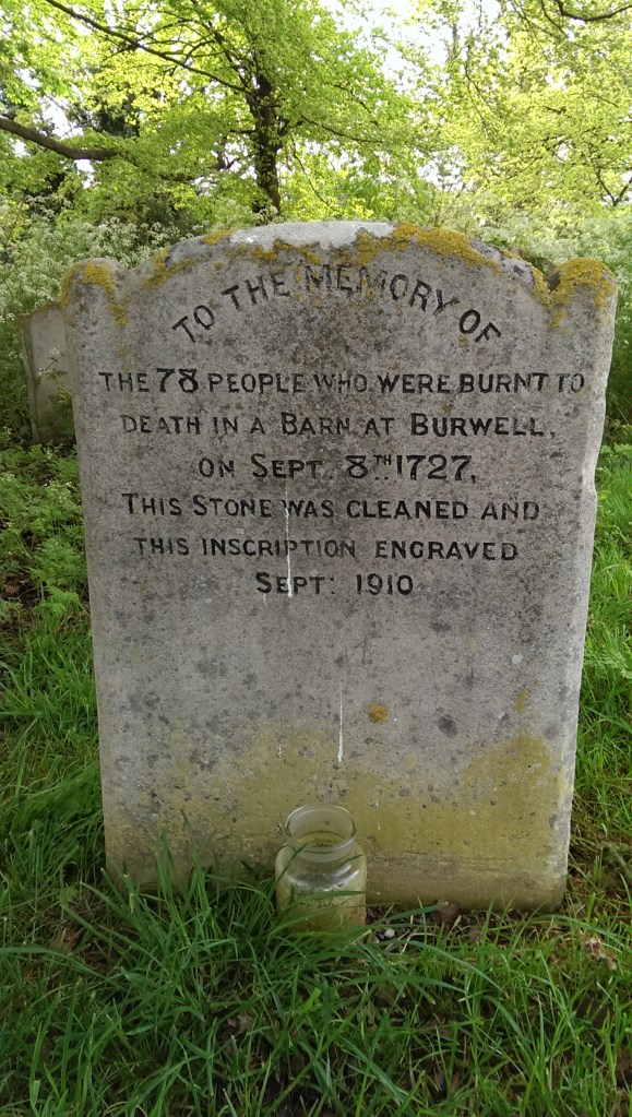 The reverse of the gravestone to the victims of the fire, in Burwell, Cambridgeshire.