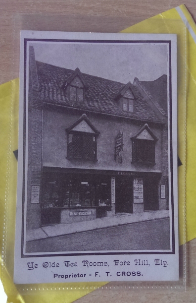 Advertising postcard for Frederick Thompson Cross' tea rooms on Forehill, Ely, prior to 1911.