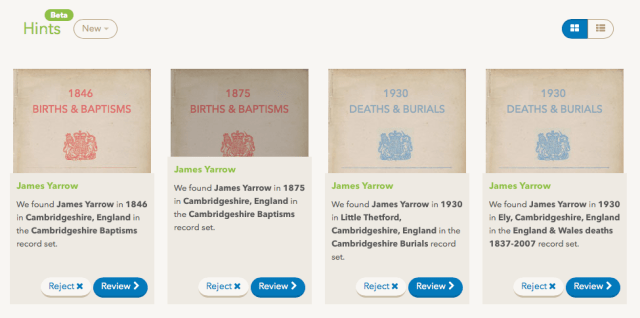 FindMyPast Beta Hints results