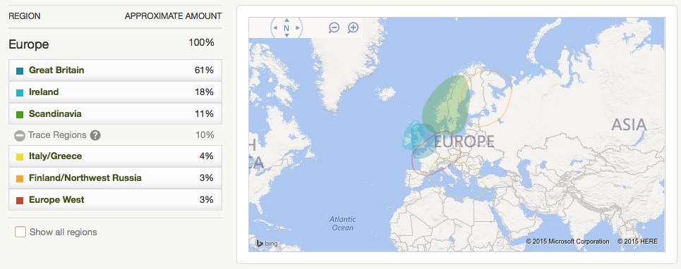 AncestryDNA 'Ethnicity Estimate' results and map.