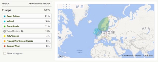 AncestryDNA 'Ethnicity Estimate' results  and map.