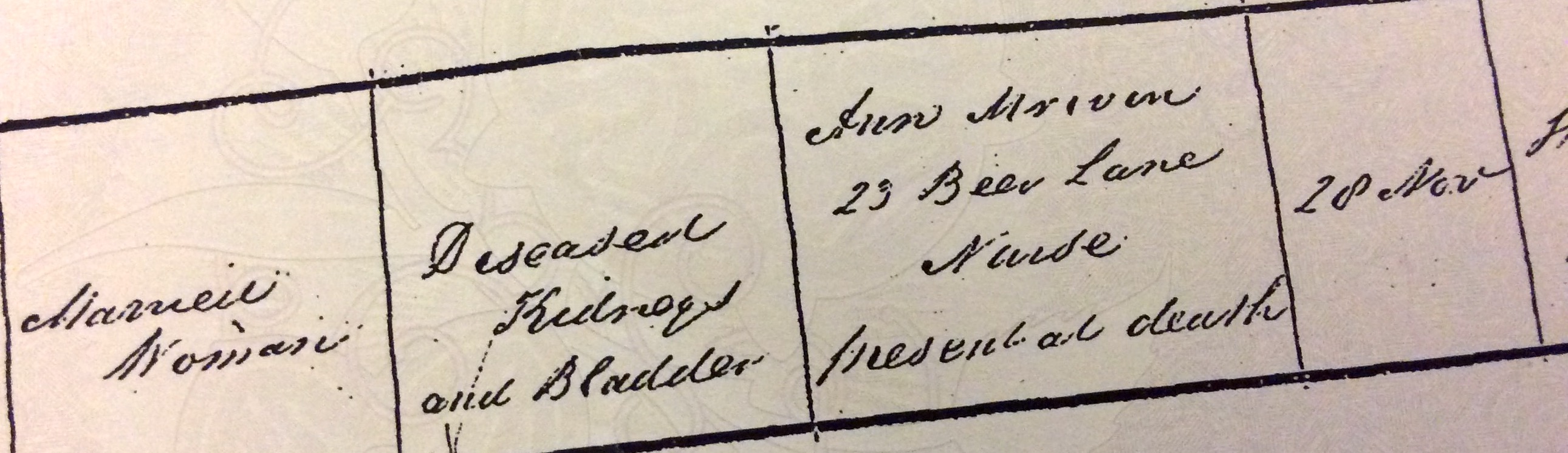 Married Woman, Diseased kidneys and bladder, Ann [illegible] 23 Beer Lane, Nurse, Present at death, 28th Nov.