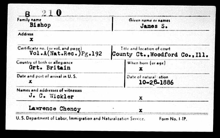 James S. Bishop naturalization card for Woodford County, Illinois, USA.
