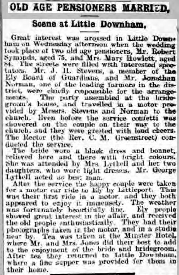 Newspaper report of the marriage of Robert Symonds and Mary Howlett Bonnett, 1914.
