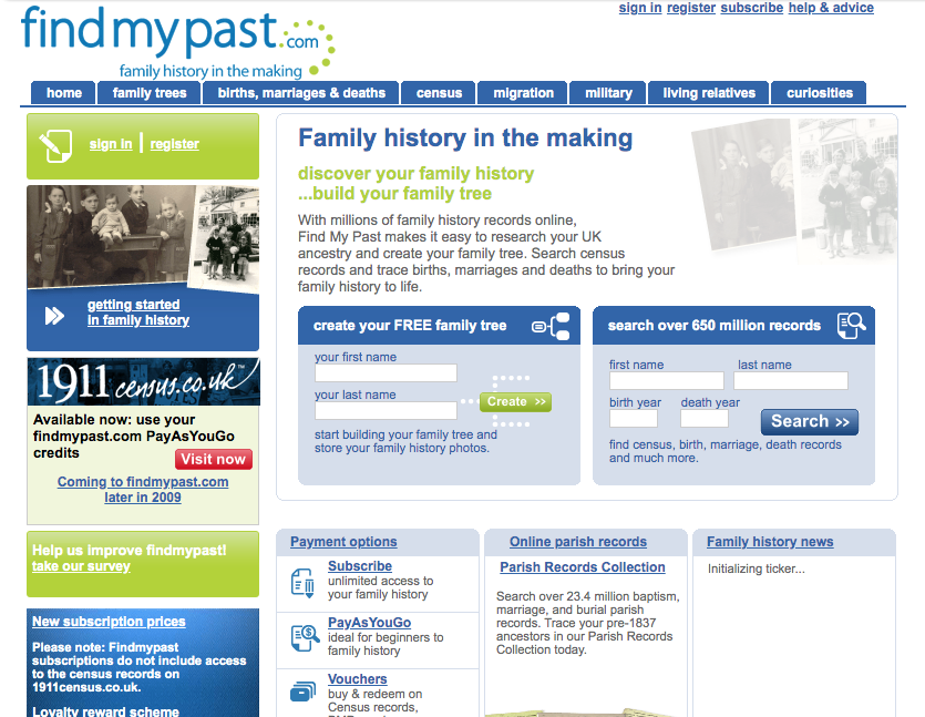 FindMyPast homepage 2009